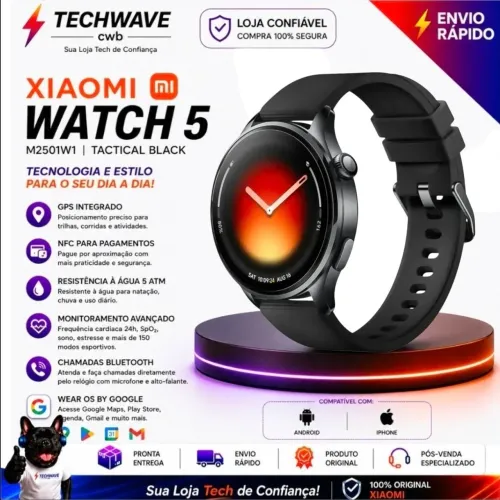 Relógio Inteligente Xiaomi Watch 5 M2501W1 Tela AMOLED GPS NFC Bluetooth Original