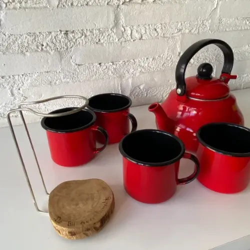 Ref208 Conjunto de Chá café coador Esmaltado Vermelho vintage retrô cozinha decoração