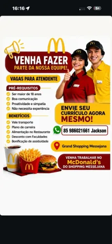 VAGA DE EMPREGO | ATENDENTE DE RESTAURANTE - McDONALD?S