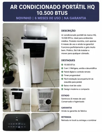 Ar Condicionado Portátil HQ 10.500 BTUs - Novo, na Garantia e Completo