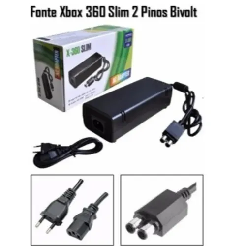 Fonte Xbox 360 Slim Bivolt Conector 2 Pinos Cabo Energia