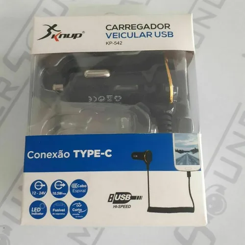 Kit carregador veícular, com uma entrada usb. Cabo fixo, com entrada tipo C. Novo. 