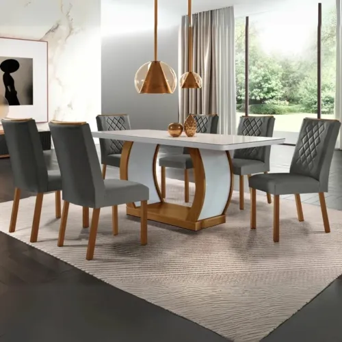 Mesa de Jantar 180 Canto Copo Imbuia/White com 6 Cadeiras tt655