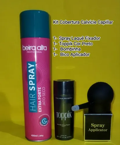 Kit Toppik Profissional Cor Preto Fixador Spray Refil Bombinha e Bico Aplicador 
