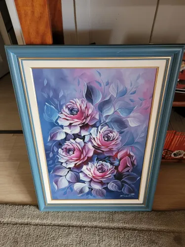 Quadro Decorativo de Rosas em Tons de Azul e Rosa