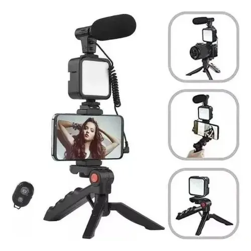 Kit Gravação Vlogging Tripé Microfone Iluminação LED Live Vídeo Completo Profissional