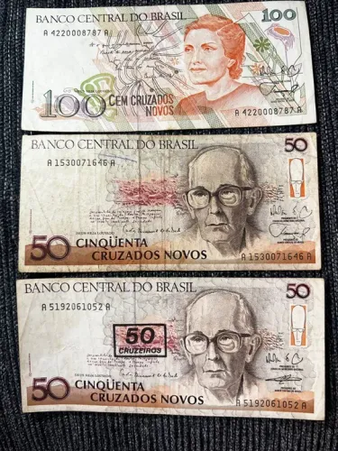 Lote 3 notas antigas brasileiras - 100, 50 e 50 cruzeiros