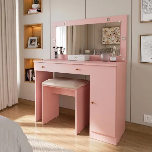 Penteadeira Rosa com Espelho e Banqueta