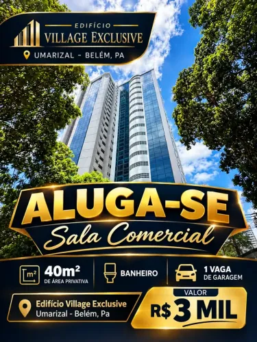 Aluga Sala Comercial com 40m2 andar alto no Edificio Village Exclusive, Umarizal, Belém, P