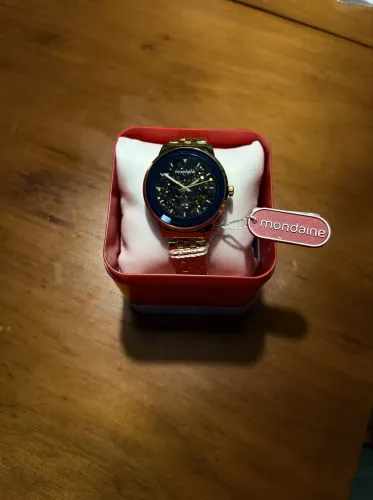 RELÓGIO MONDAINE ORIGINAL 94713 DOURADO AZUL - NOVO + NOTA FISCAL