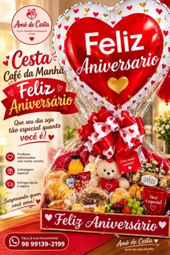 Cesta Café da Manhã Feliz Aniversário Surpresa Com Mensagem Personalizada e Balão Gigante