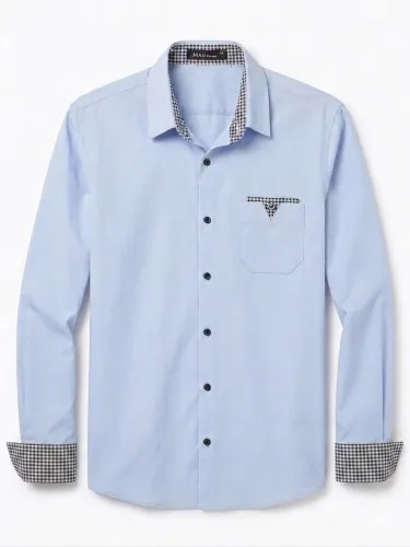 Camisa Social Masculina Azul Claro Com Detalhes Xadrez 