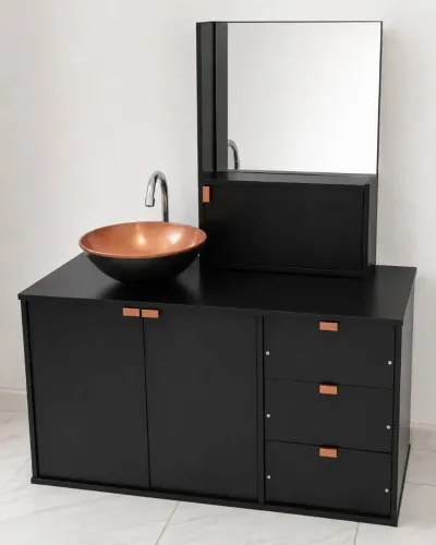 Conjunto gabinete completo para banheiro preto com cuba e espelheira - novo e montado