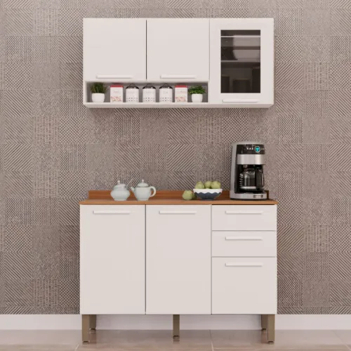 Armário Aéreo Vidro Fumê + Balcão New Valência Branco - pronta entrega 