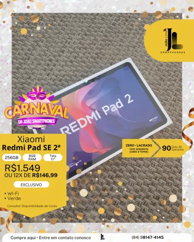 XIAOMI REDMI PAD SE 2ª, 256GB, 8GB RAM, TELA 11", LACRADO, EXCLUSIVO!