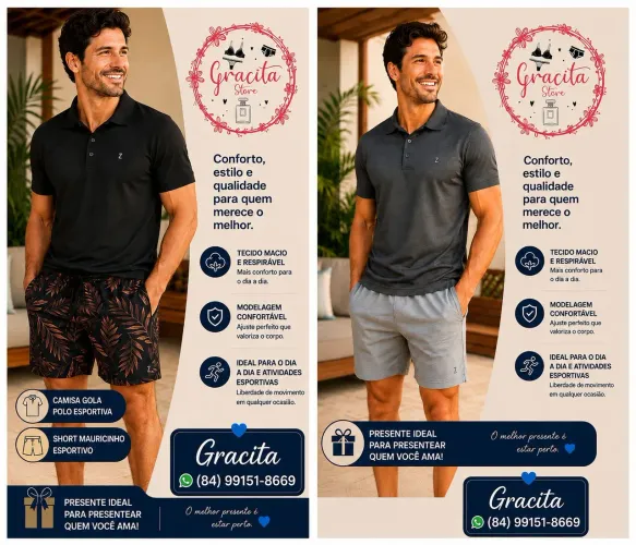 Conjunto Short Mauricinho Folhas e Camisa Gola Polo Esportiva