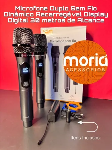 Microfone Duplo Dinâmico Recarregável Display Digital 30 Metros de Alcance MCF-51