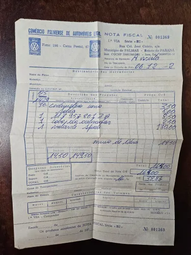 Nota fiscal Volkswagen anos 70