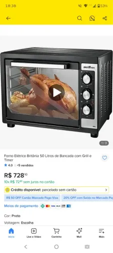 Forno eletrico britania 50 litros com grill e timer