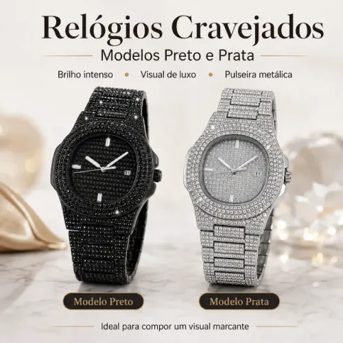 Relógio Masculino Prata ou Preto Cravejado com Brilho Movimento Quartz