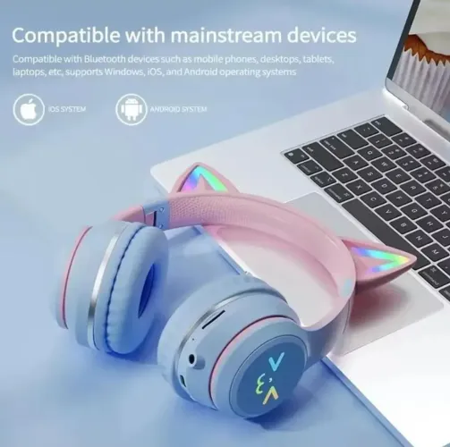Headphone bluetooth rosa e azul LED infantil