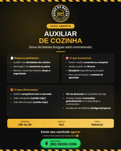 AUXILIAR DE COZINHA (COM OU SEM EXPERIÊNCIA)
