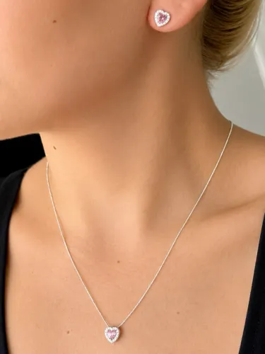 Conjunto Prata 925 Brinco e Colar Coração Cravejado