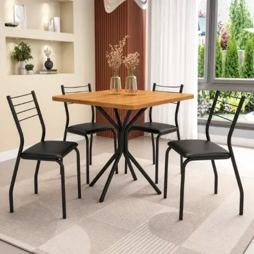 Mesa Creta 90x90 Madeira Base Preto Fosco 4Cad Malta Preto Fosco Assento Corino Preto 