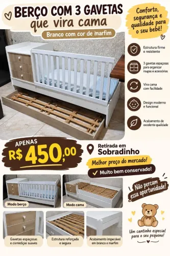 BERÇO 3 EM 1 - VIRA CAMA + 3 GAVETAS + COLCHÃO sobradinho 2