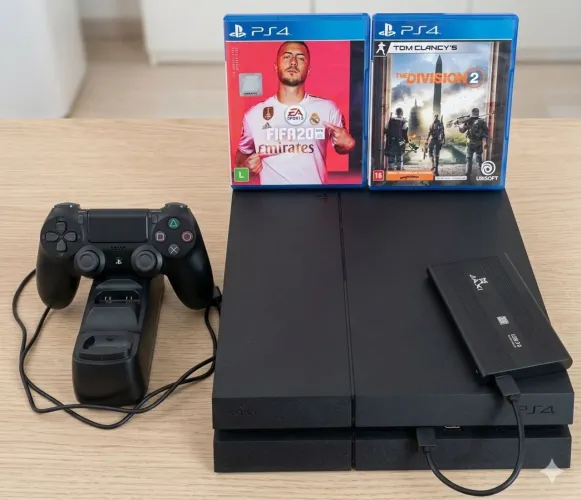 PS4 com HD Externo + 1 Controle + 2 Jogos Físicos 