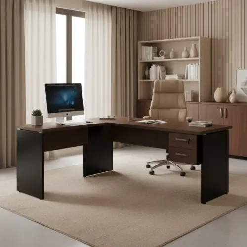Mesa De Escritório Em L Com Mesa Auxiliar Gaveteiro Executivo Marsala Preto 23479