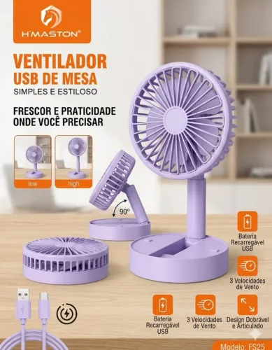 ventilador de Mesa USB Recarregável H Maston FS25 - Compacto e Silencioso