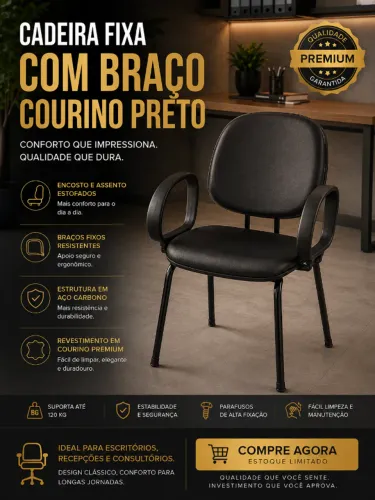 Cadeira Fixa com Braço Courino Preto - R$ 130 un | Campo Grande/MS