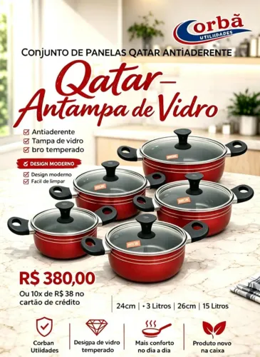 JOGO DE PANELAS QATAR ? 5 PEÇAS ANTIADERENTE COM TAMPA DE VIDRO! CORBAN! ?