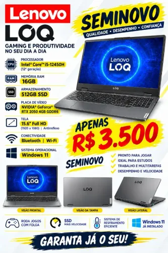 Notebook Lenovo LOQ i5 12ª Geração, 16GB RAM, SSD 512GB, RTX 2050<br>
