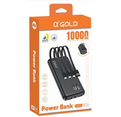 Carregador Portátil Power Bank 10000 mAh AGold BTE-29 Com 4 Cabos Embutidos