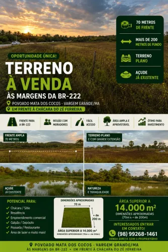 Terreno à venda às margens da BR-222 - Mata dos Cocos | 70m de frente + açude