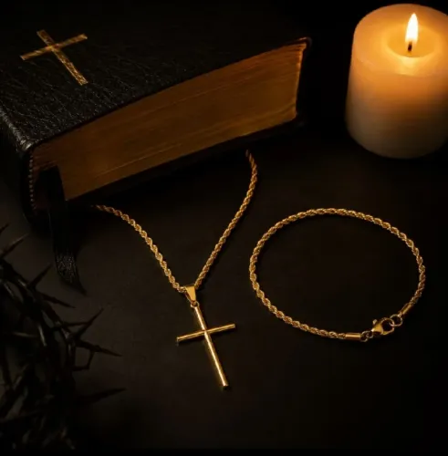 Corrente Trançada + Pingente Cruz + Pulseira Banhados a ouro 18k