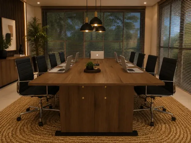 Mesa de Reunião Walnut Delluxe. Alto Padrão Com Caixa de Tomadas: L200cm x P130cm x A74cm
