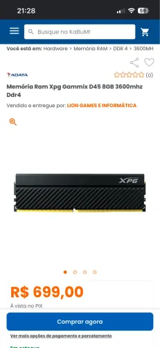 Memória xpg d45 8gb 3200mhz