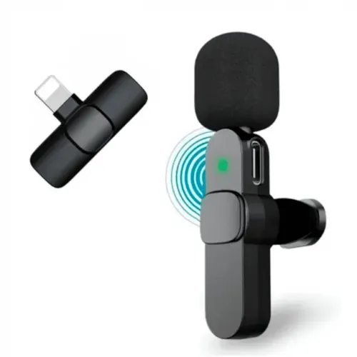 Microfone Lapela Para iPhone Sem Fio Wireless  Preto 360° 2.4GHz