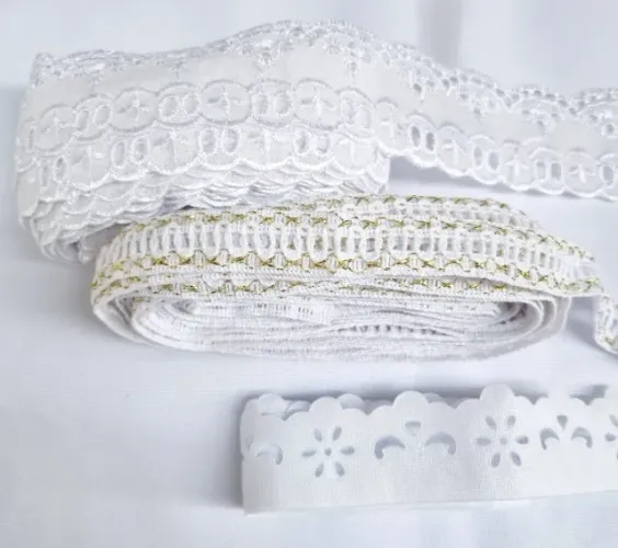 Kit Aviamentos Bordado Inglês Passa-Fita Galão Branco Dourado