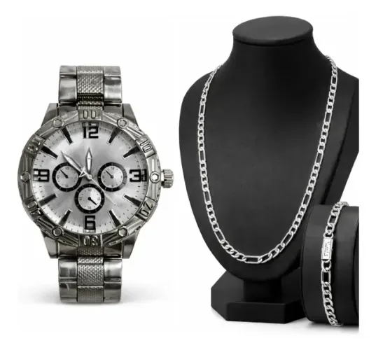 Kit Relógio Masculino Prata Corrente Pulseira Analógico Luxo
