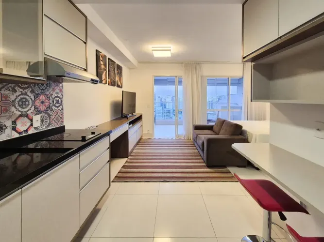 Apartamento mobiliado para locação no Brooklin Paulista 42m² com 1 Vaga e Quadra de Tênis