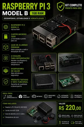 Raspberry Pi 3 Model B - 1GB RAM + Cartão 32GB + Case Premium com 2 Coolers - R$ 220