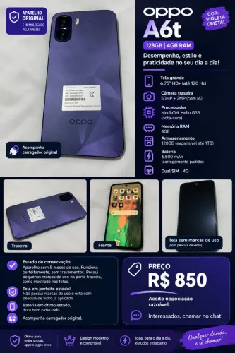 OPPO A6t 128GB 5 meses de uso R$ 850