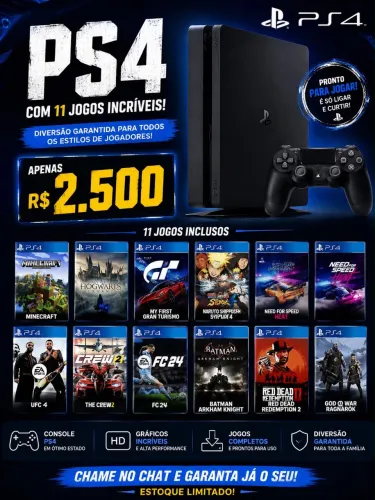 PlayStation 4, com controle e jogos mídia digital e física