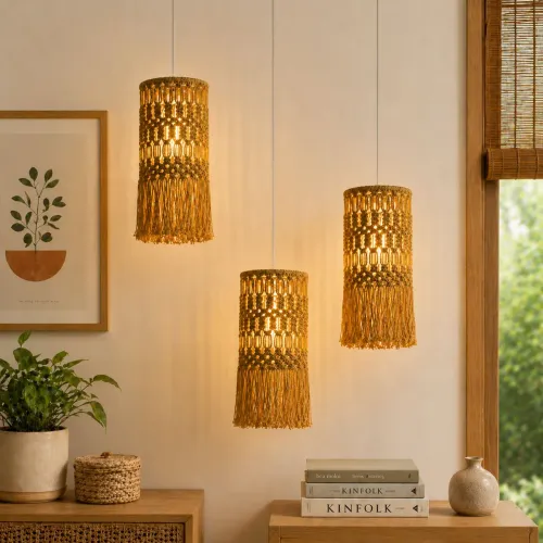 Kit 3 Luminárias pendantes de teto em macramê 15x40 s/lâmpada | Decoração sala/quarto.