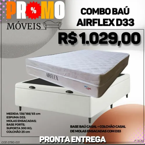 Combo Baú Airflex D33 com um colchão casal de molas ensacadas e base baú forte!