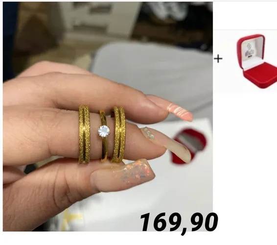 Par alianças + anel solitário banhadas a ouro 18k antialérgicas
